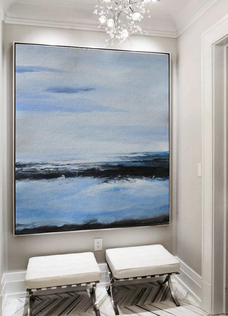 Extra Large Canvas Art,Oversized Abstract Landscape Painting,Art Work,White,Blue,Black.etc